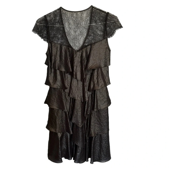 BCBGMAXAZRIA Black Ruffle Woven Tiered Lace Dress  Cap Sleeve V Neck EUC Sz S - Picture 7 of 14